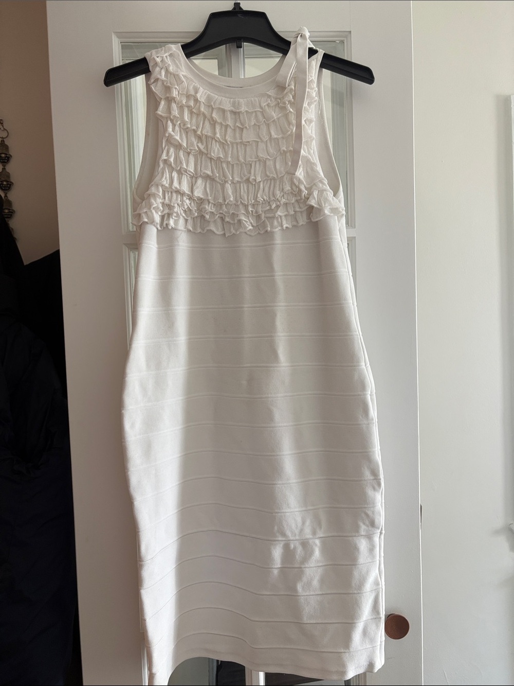 Hervé Léger Ruffled Pointelle Midi Dress in white.